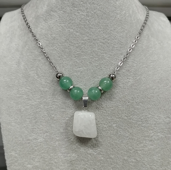 Quartz Crystal Aventurine Beaded Necklace Natural Gemstone Pendant Stainless 20" - Picture 6 of 15